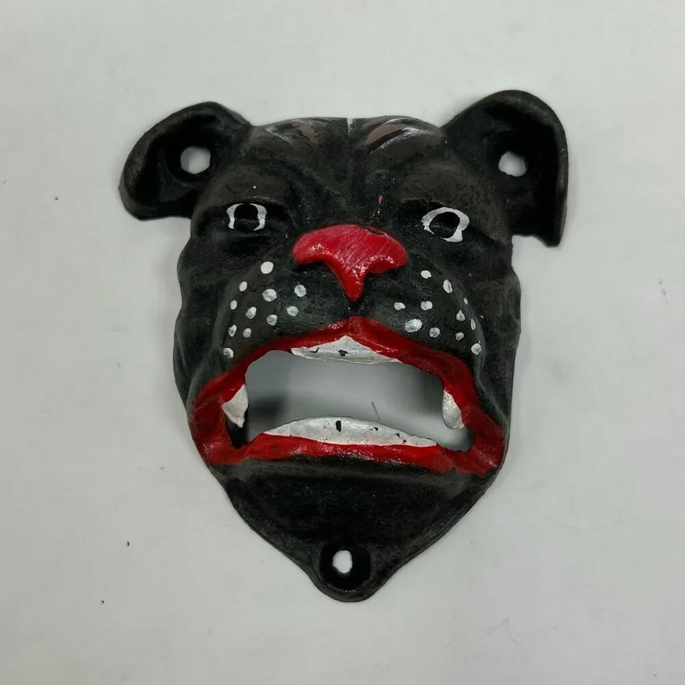 Vtg Bulldog Bottle Opener Cast Iron Wall Mount Bar Decor Pitbull Dog Mask 4